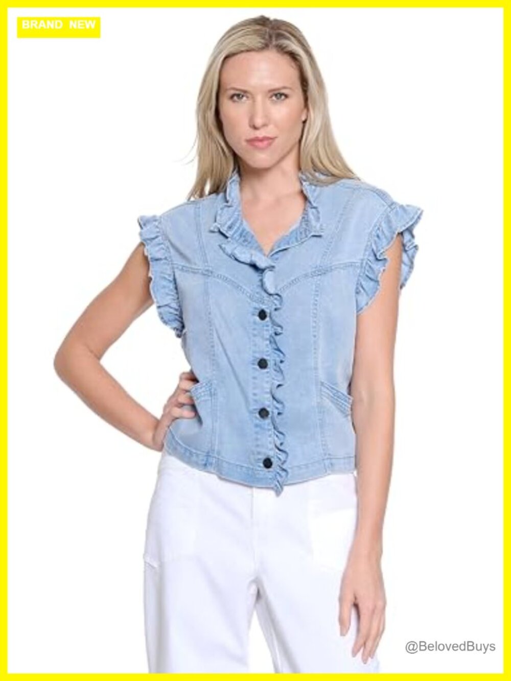 Tru Luxe Womens Button Front Ruffle Shoulder Denim Top Cap Sleeve